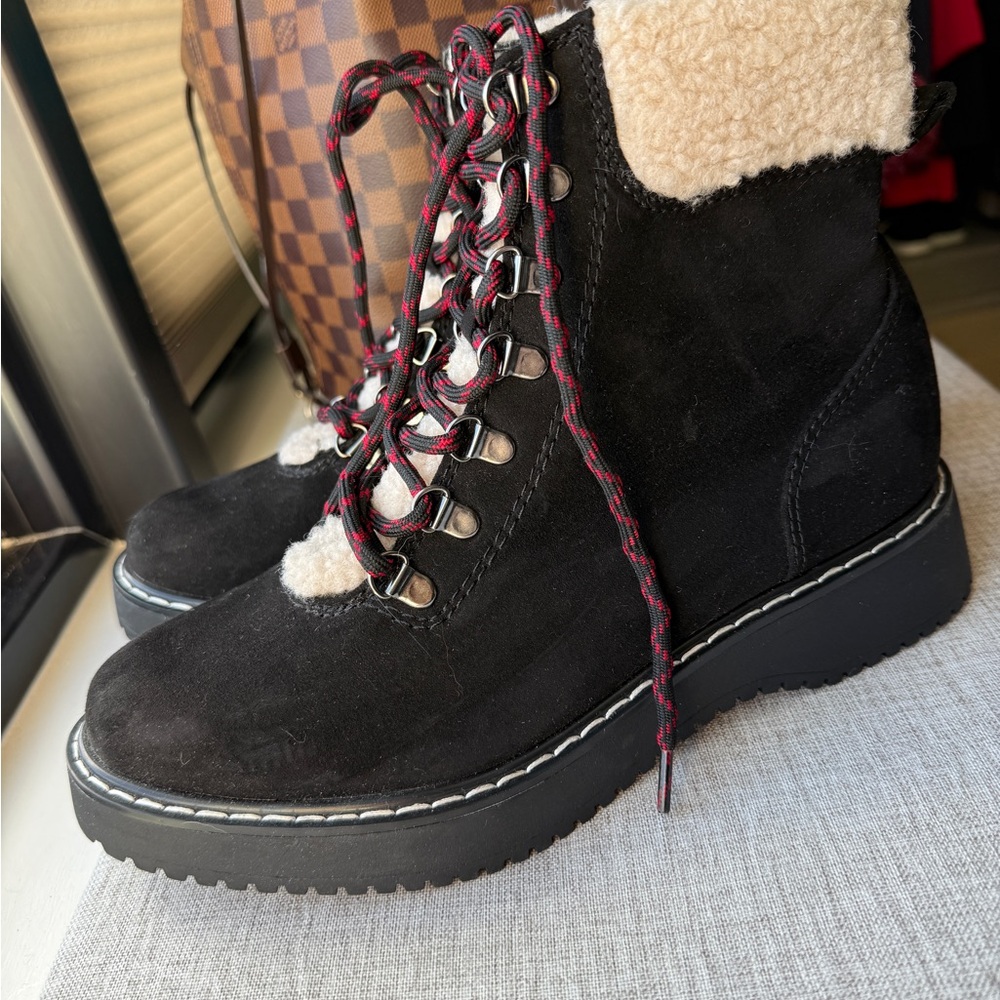 Madden Girl Black Suede Combat Boots with Shearling